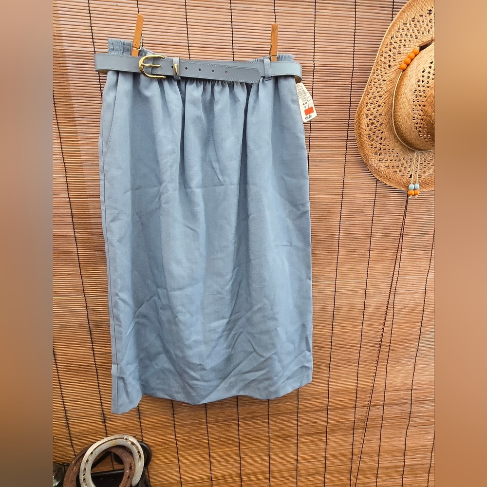 NWT Vintage Alfred Dunner Blue Belted Midi Skirt Size 8 Made in USA